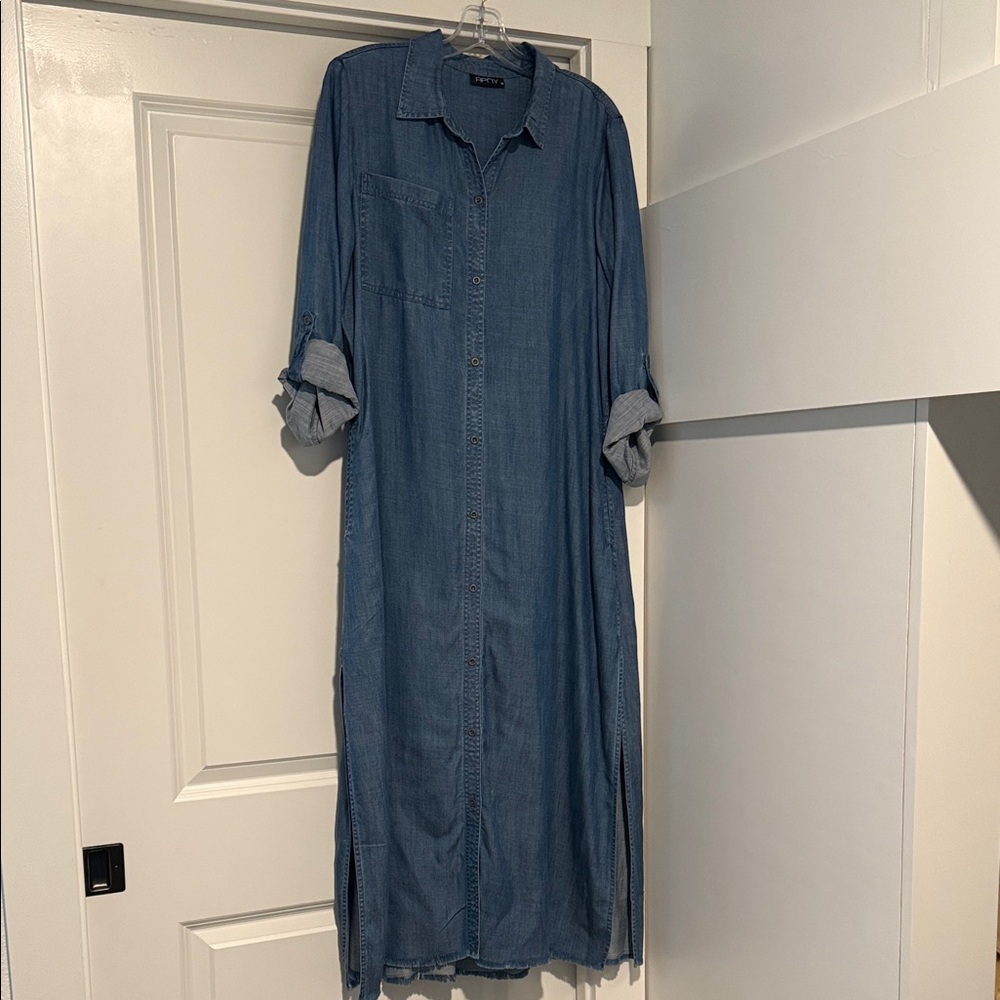 Chambray Button-Down Maxi Shirt Dress - Blue